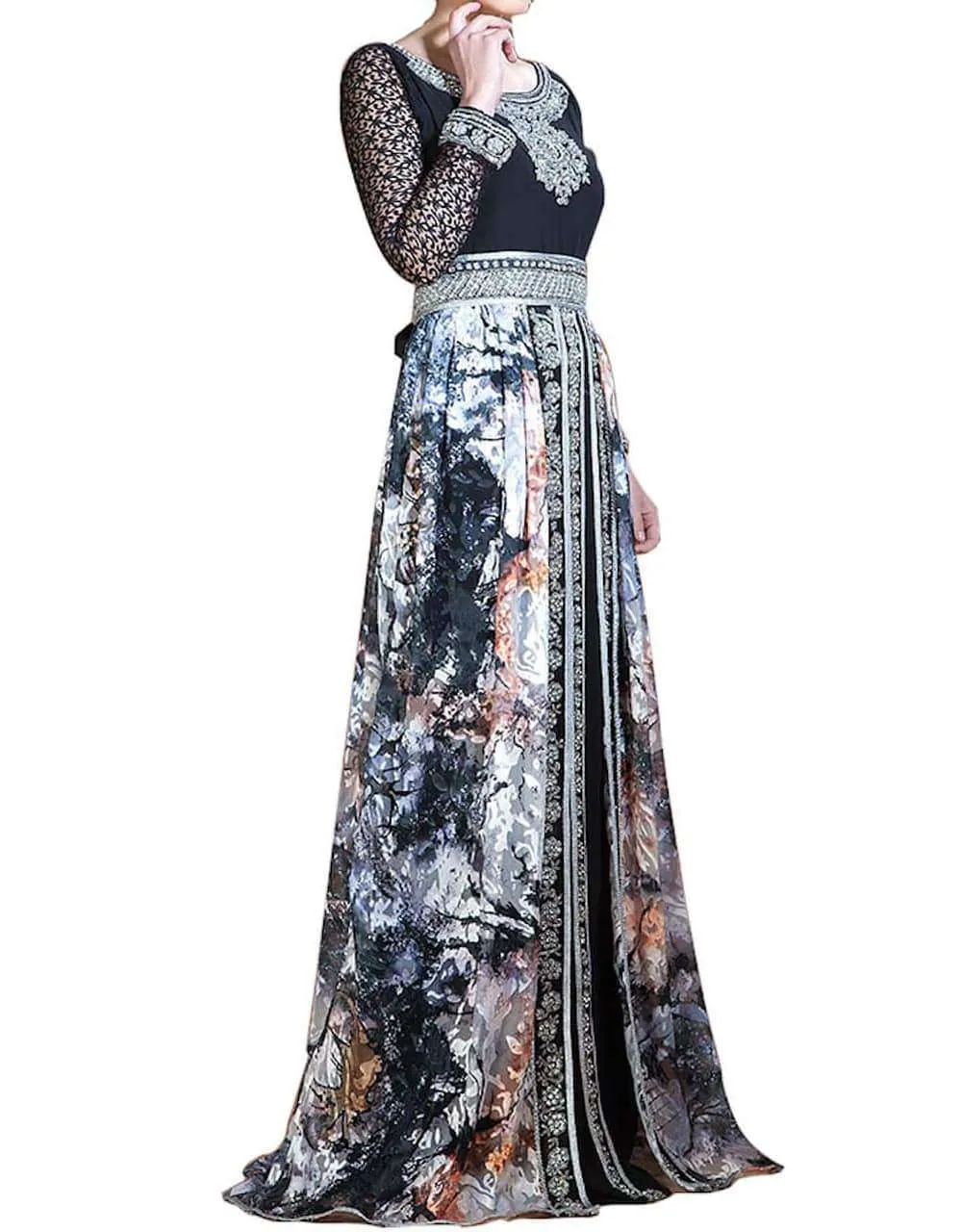 Gleaming Multi and Black Color Party Wear Full Sleeve Caftan