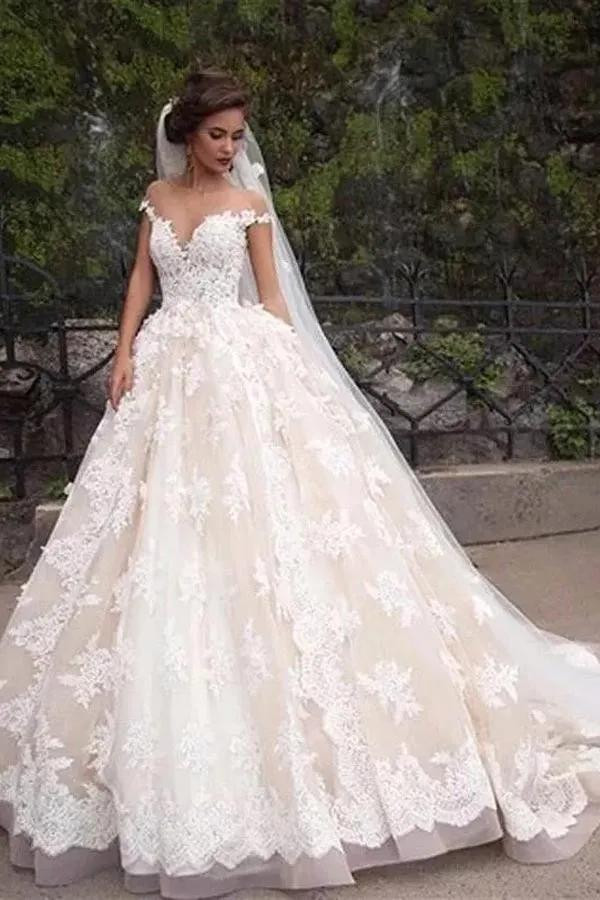 Gorgeous Ball Gown Cap Sleeve Wedding Dress With Lace Appliques WW263