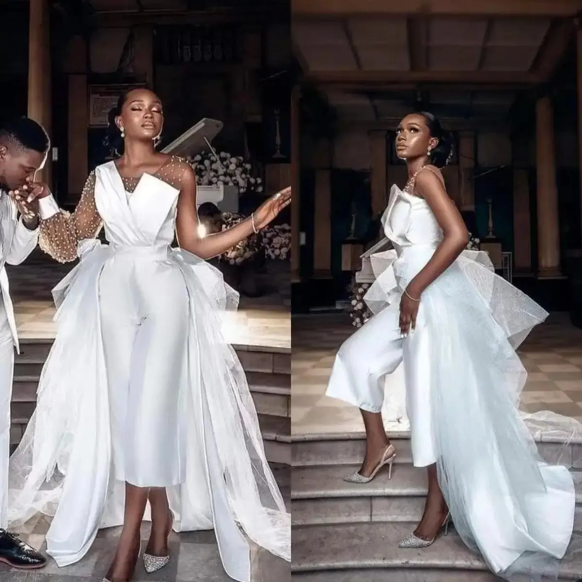 Gorgeous Jumpsuit Beach Wedding Dress with Sheer Long Sleeves and Tulle Overskirt