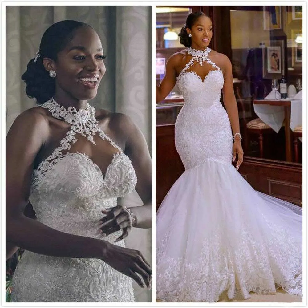 Gorgeous Mermaid Halter White Wedding Dress Beaded Bridal Gown