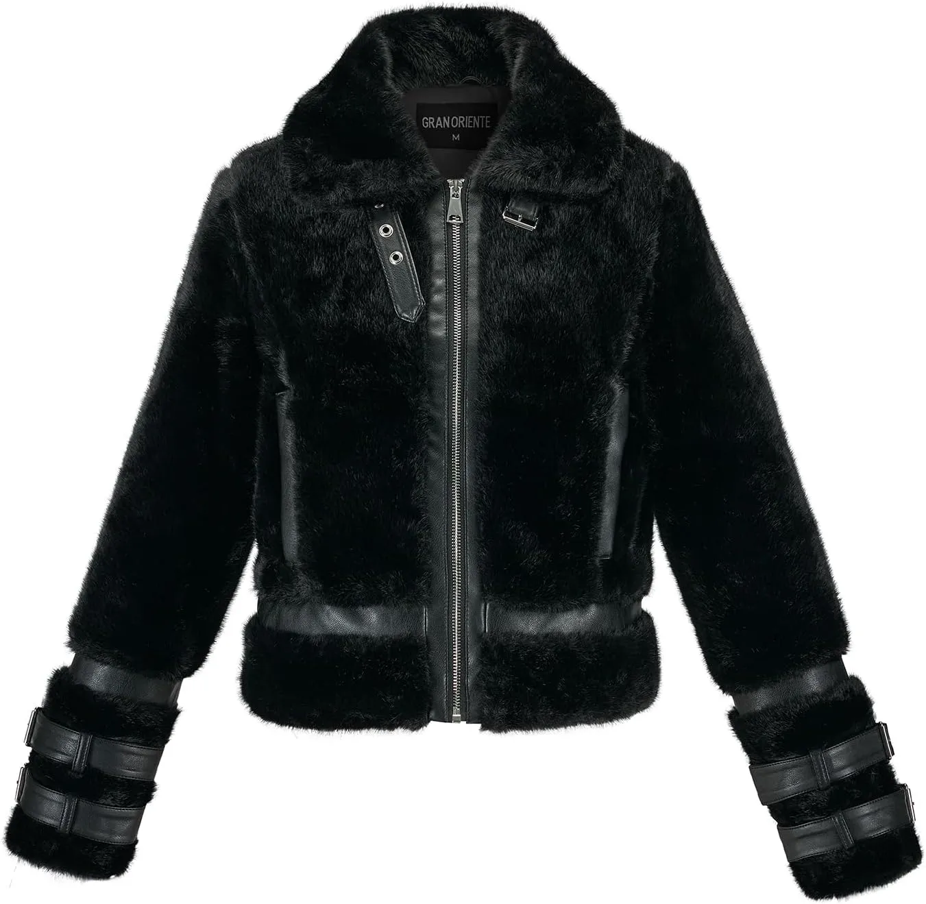 GRAN ORIENTE Womens Winter Faux Mink Fur Fleece Zip up Moto Jacket,Cropped Fuzzy Sherpa Coats Warm Leather Outerwear