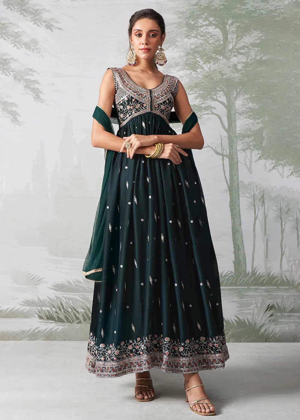 Green Multi Thread Embroidered Anarkali Style Suit