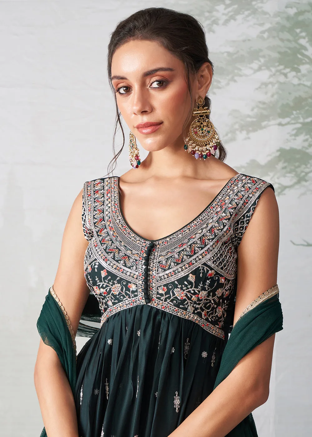 Green Multi Thread Embroidered Anarkali Style Suit