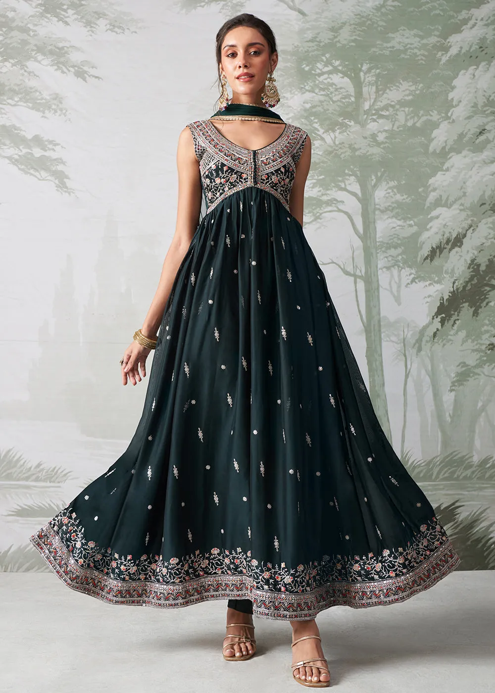 Green Multi Thread Embroidered Anarkali Style Suit