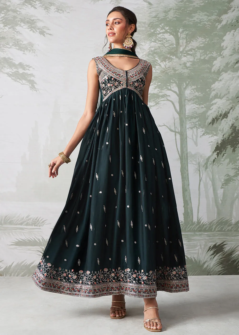 Green Multi Thread Embroidered Anarkali Style Suit