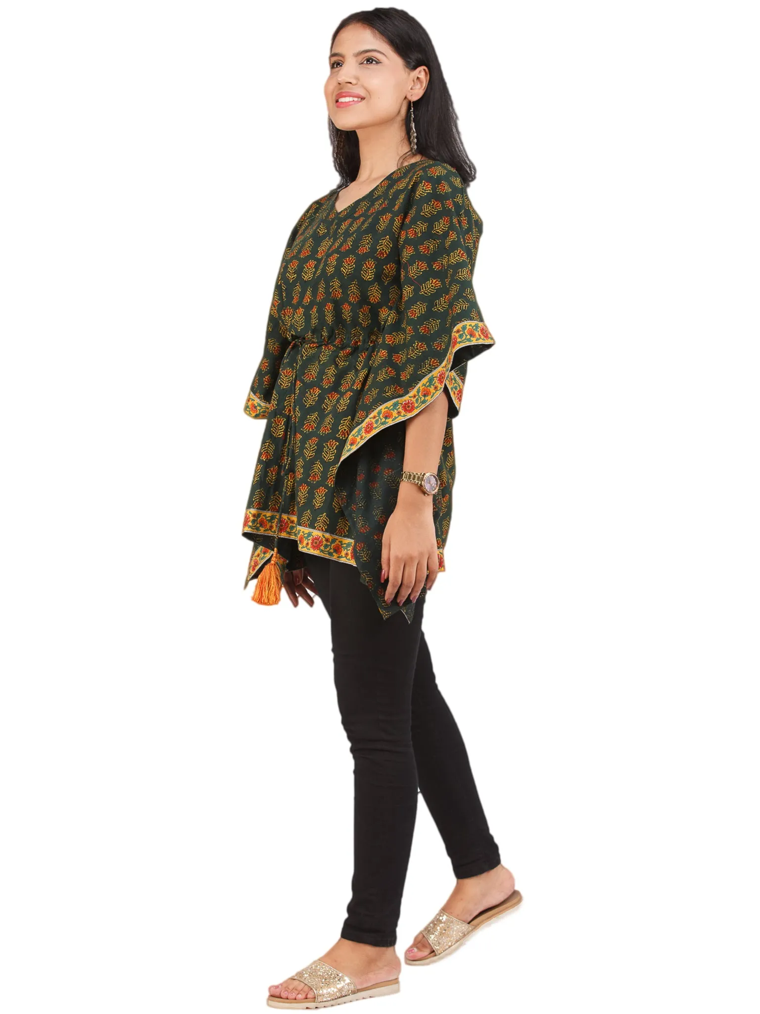 Green Yellow Red Ajrakh Hand Block Printed Kaftan - K157F1653