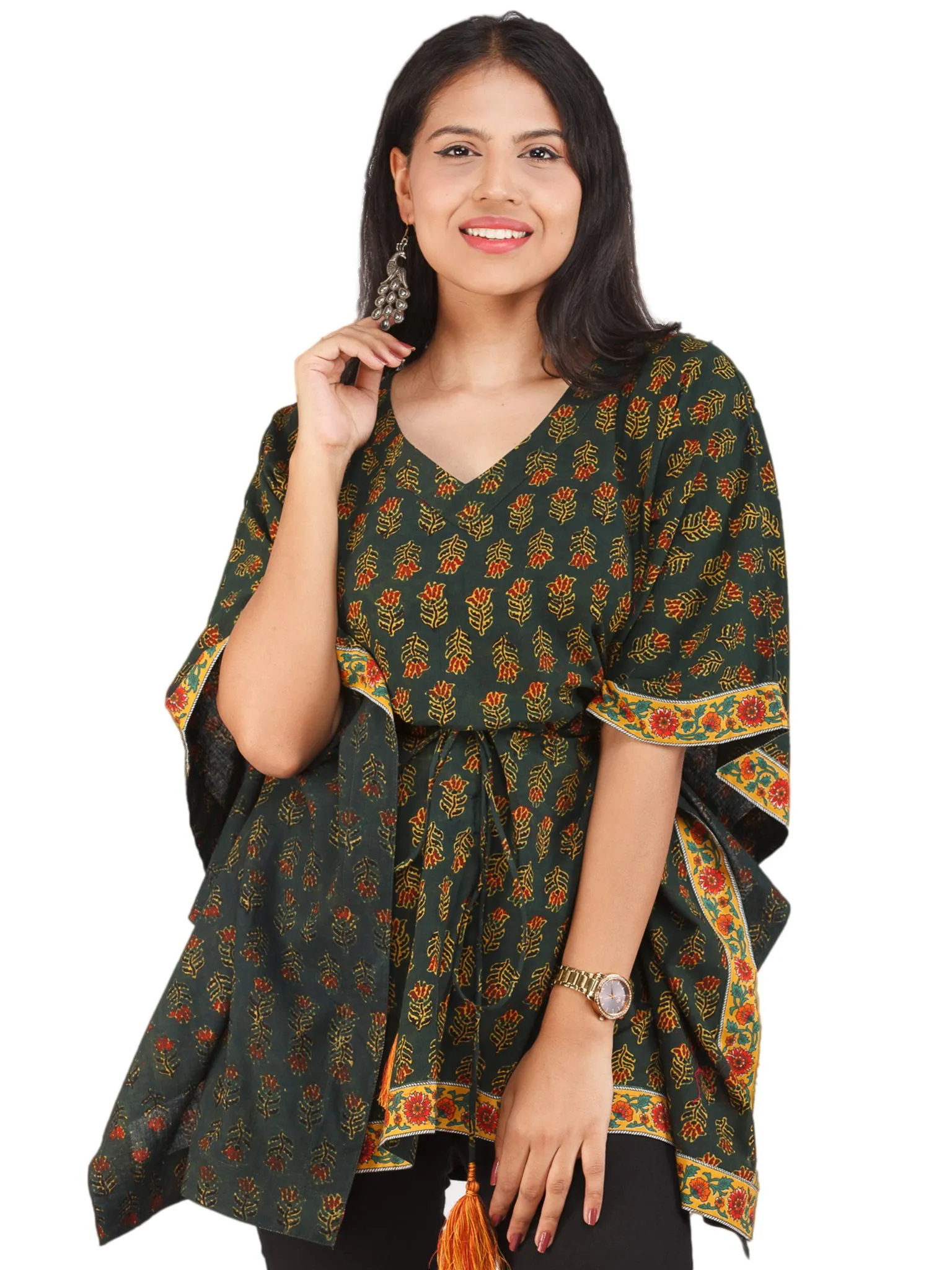 Green Yellow Red Ajrakh Hand Block Printed Kaftan - K157F1653