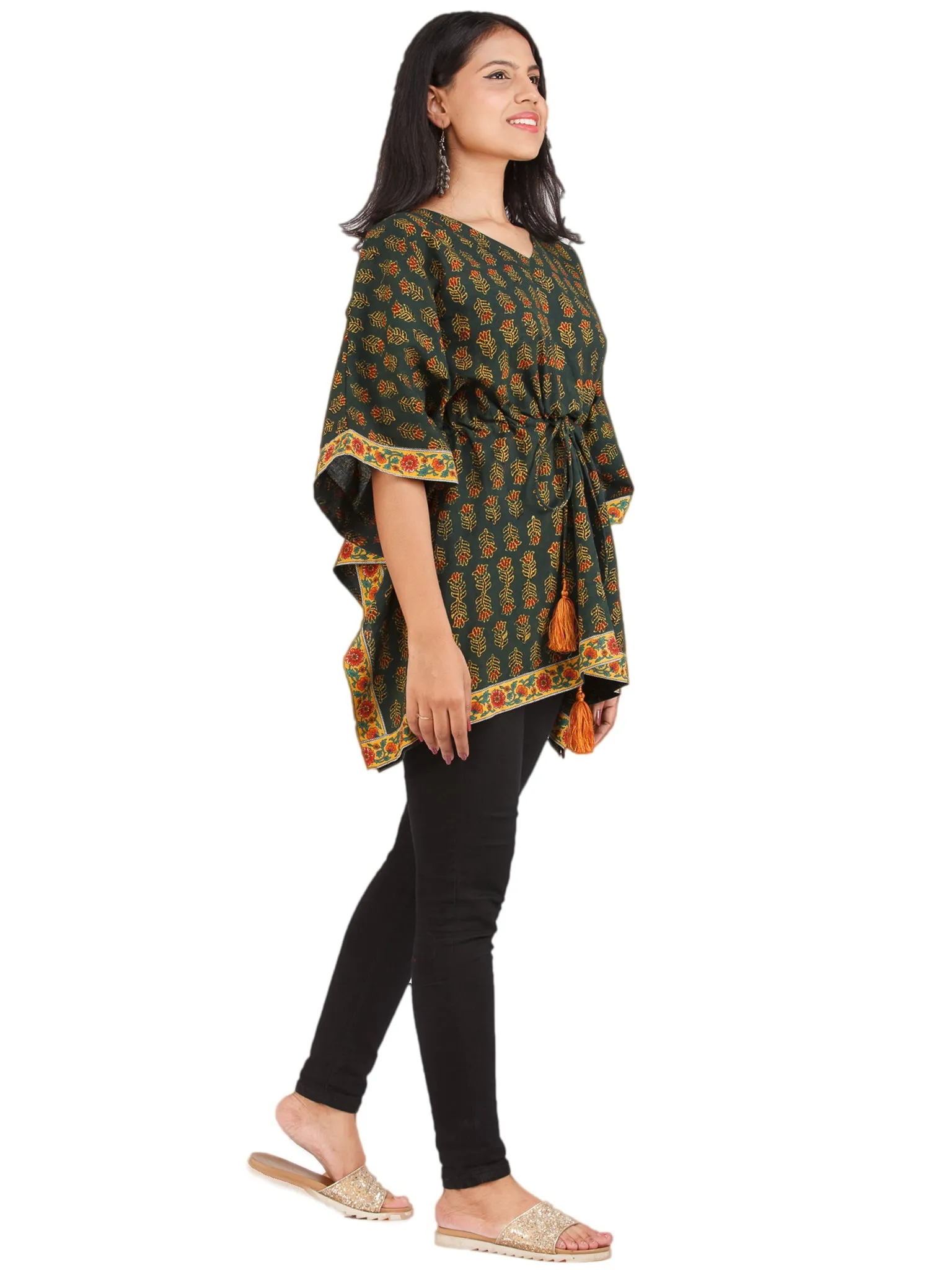 Green Yellow Red Ajrakh Hand Block Printed Kaftan - K157F1653