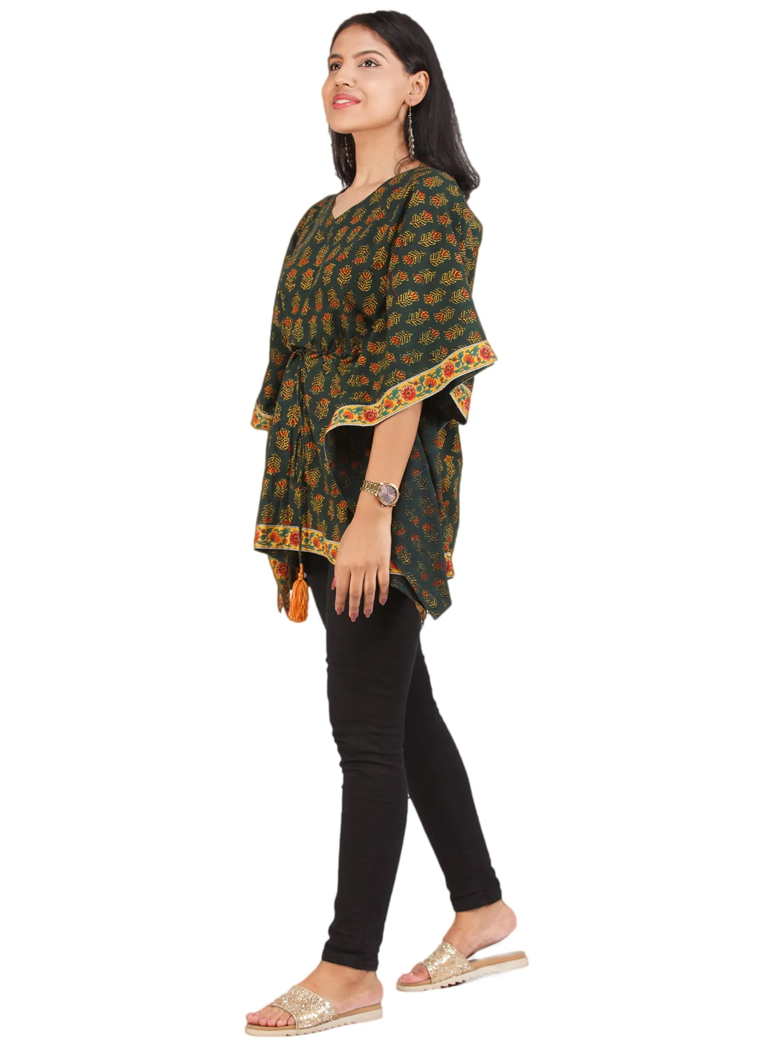 Green Yellow Red Ajrakh Hand Block Printed Kaftan - K157F1653