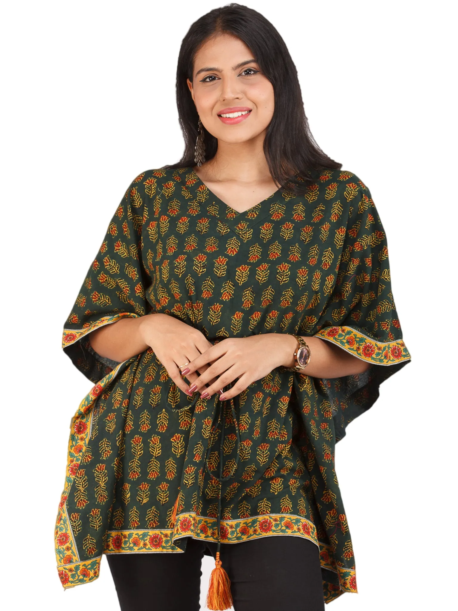 Green Yellow Red Ajrakh Hand Block Printed Kaftan - K157F1653