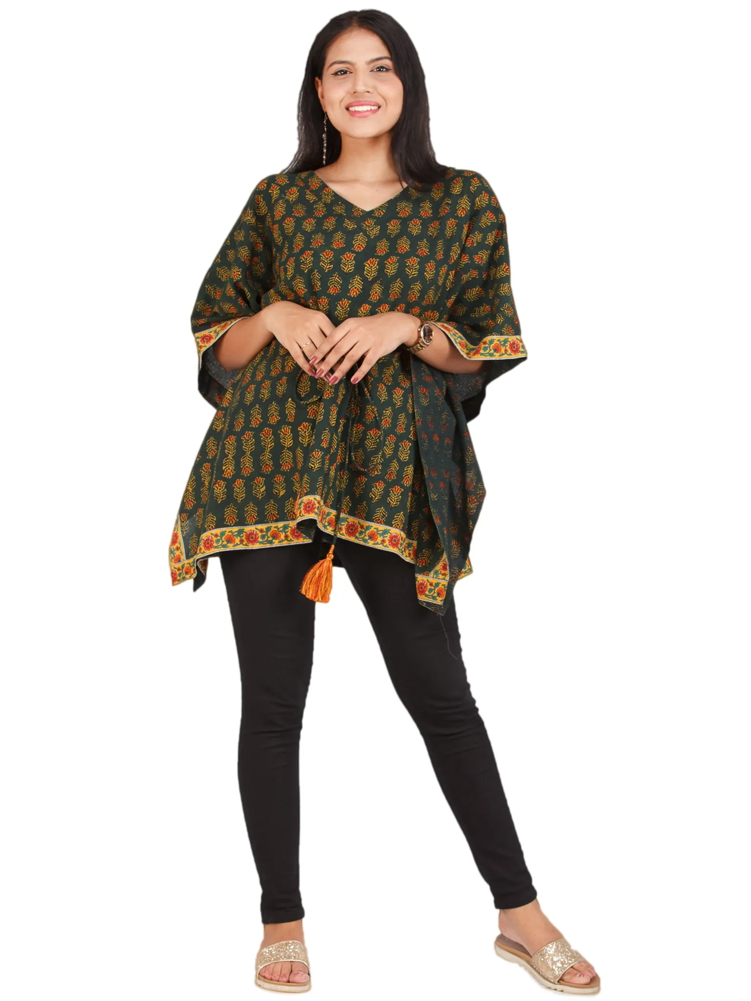 Green Yellow Red Ajrakh Hand Block Printed Kaftan - K157F1653