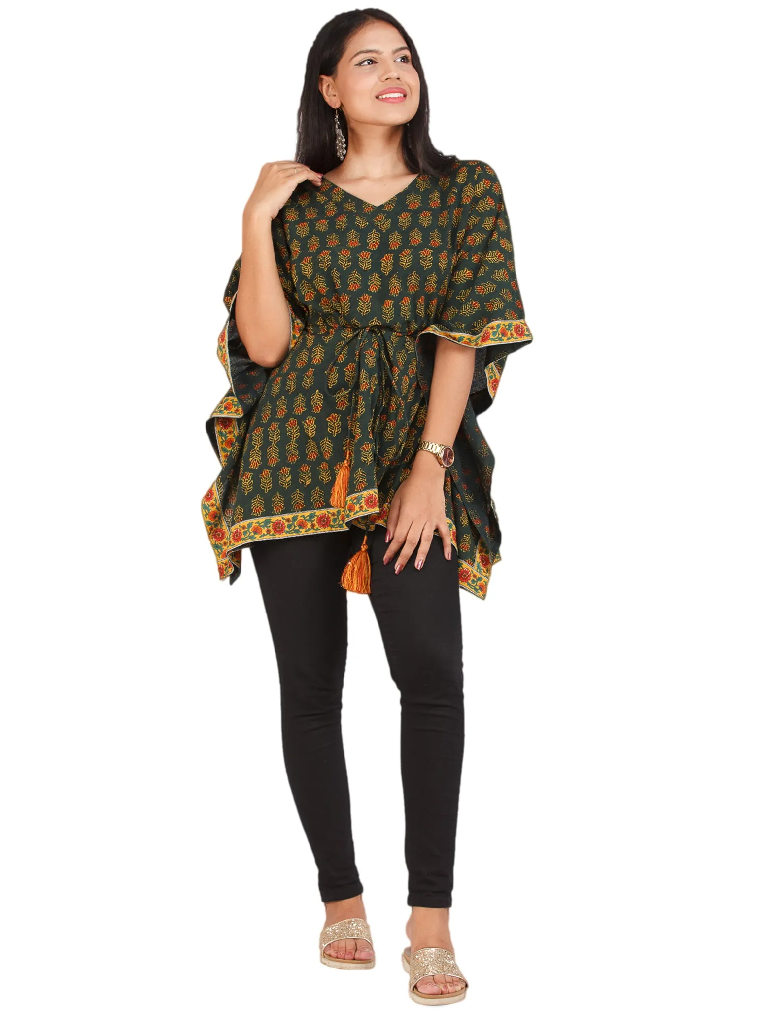 Green Yellow Red Ajrakh Hand Block Printed Kaftan - K157F1653