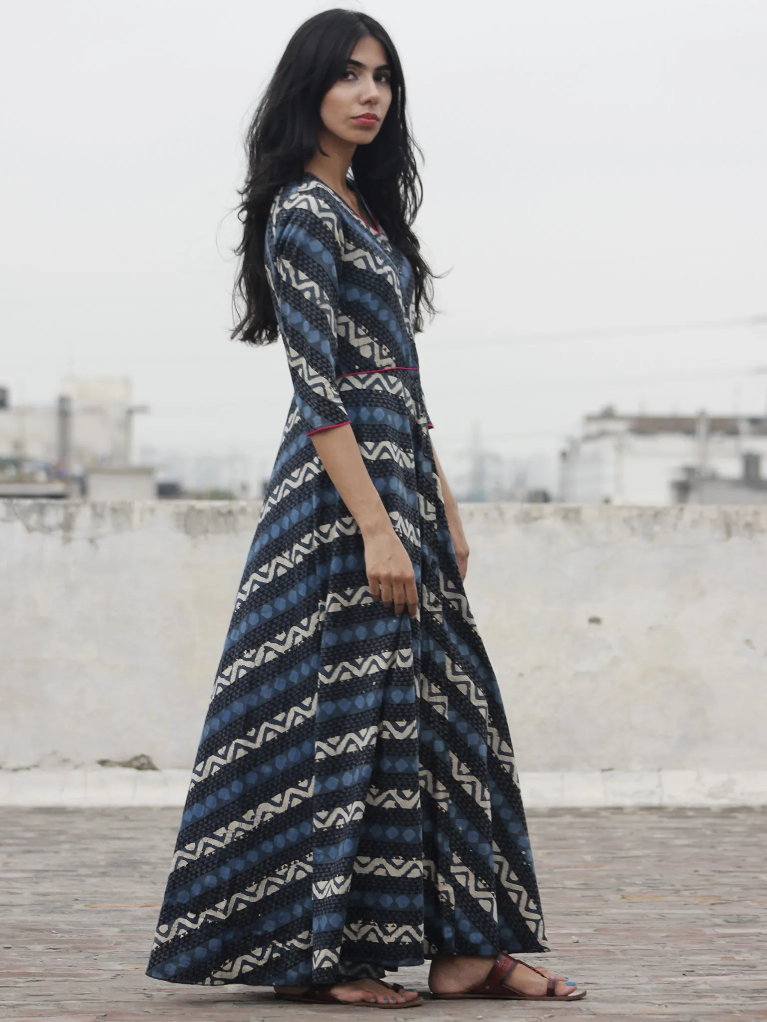 Grey Indigo Ivory Black Hand Block Printed Long Cotton Dress With Front Opening  - D79F901
