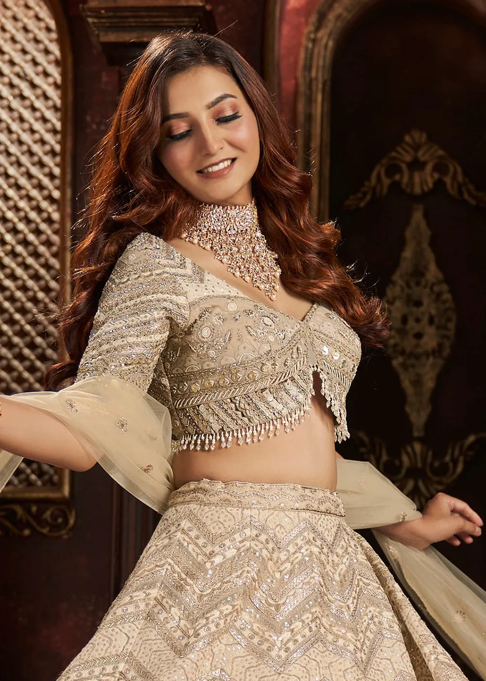 Heavy Embroidered Beige Ivory Organza Bridal Lehenga Choli