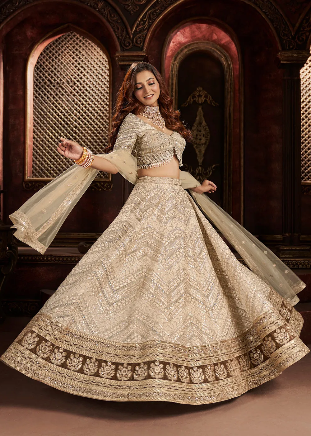Heavy Embroidered Beige Ivory Organza Bridal Lehenga Choli