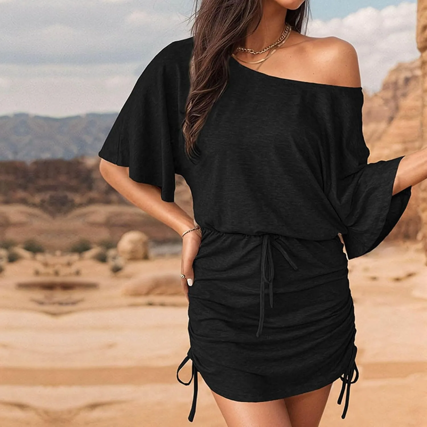 HGps8w Off The Shoulder Tshirt Dresses for Women - Chic Drawstring Side Ruched Bodycon Casual Summer Short Sleeve Mini Dress