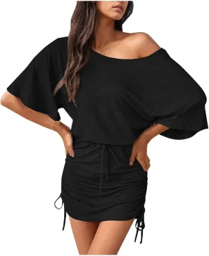 HGps8w Off The Shoulder Tshirt Dresses for Women - Chic Drawstring Side Ruched Bodycon Casual Summer Short Sleeve Mini Dress