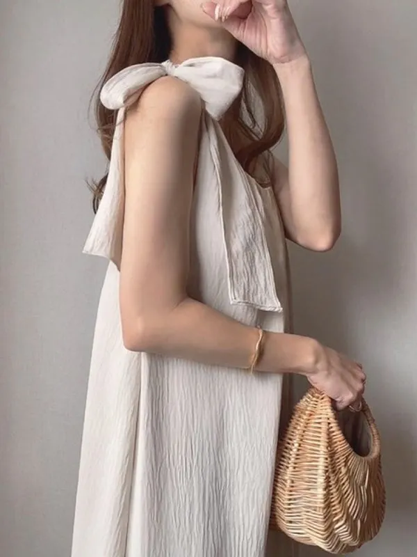 High Waisted Loose Pleated Solid Color Tied Round-Neck Maxi Dresses