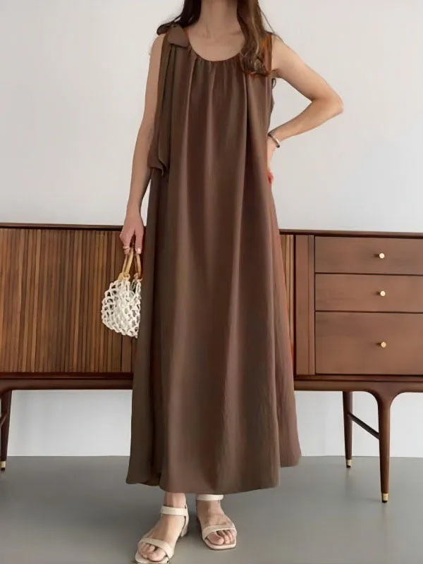 High Waisted Loose Pleated Solid Color Tied Round-Neck Maxi Dresses