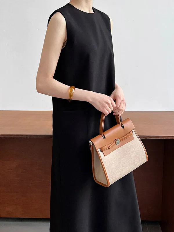 High Waisted Loose Pockets Solid Color Split-Back Zipper Round-Neck Midi Dresses