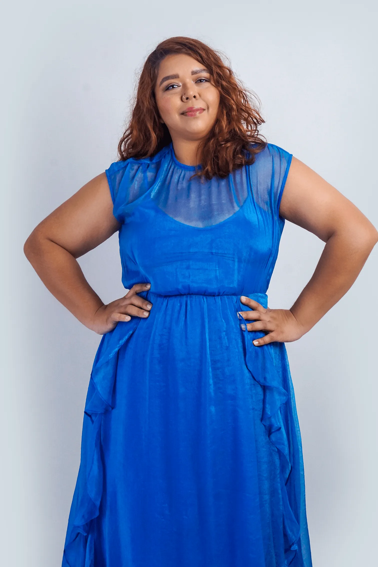 Ice Blue Sleeveless Ruffles Midi Dress