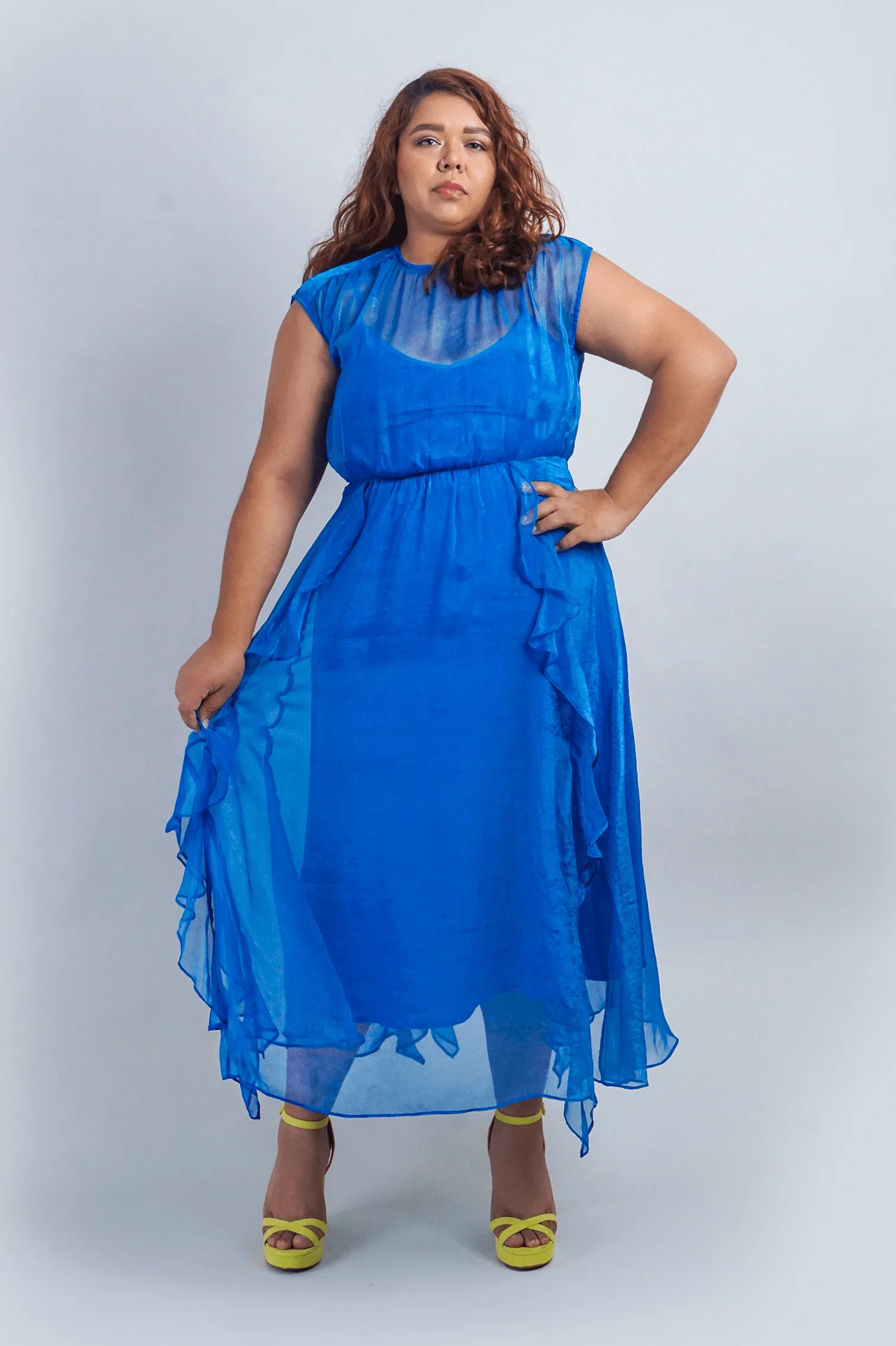Ice Blue Sleeveless Ruffles Midi Dress