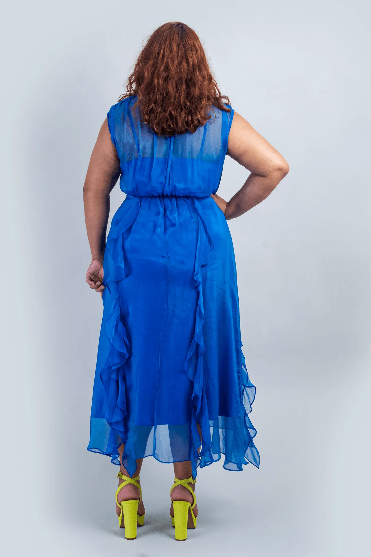 Ice Blue Sleeveless Ruffles Midi Dress