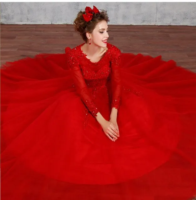 Illusion Lace Long Sleeve Quinceañera Beaded Crystal Princess Ball Gown