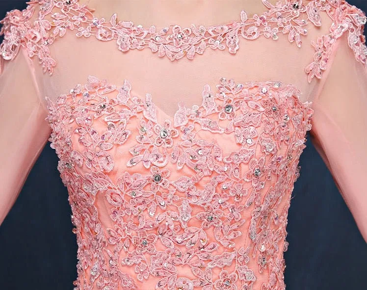 Illusion Lace Long Sleeve Quinceañera Beaded Crystal Princess Ball Gown