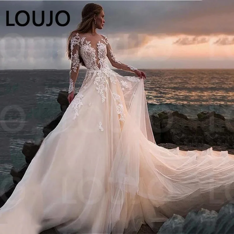 Illusion Long Sleeves A-line Lace Appliqued Ball Gown Wedding Gowns Boho Bridal Beach Wedding Dress