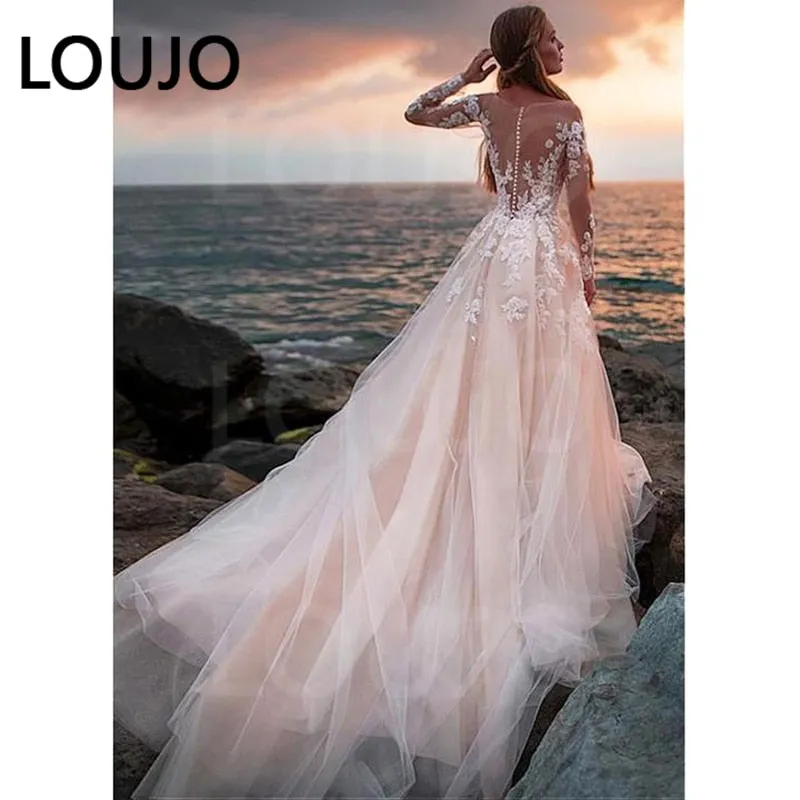 Illusion Long Sleeves A-line Lace Appliqued Ball Gown Wedding Gowns Boho Bridal Beach Wedding Dress