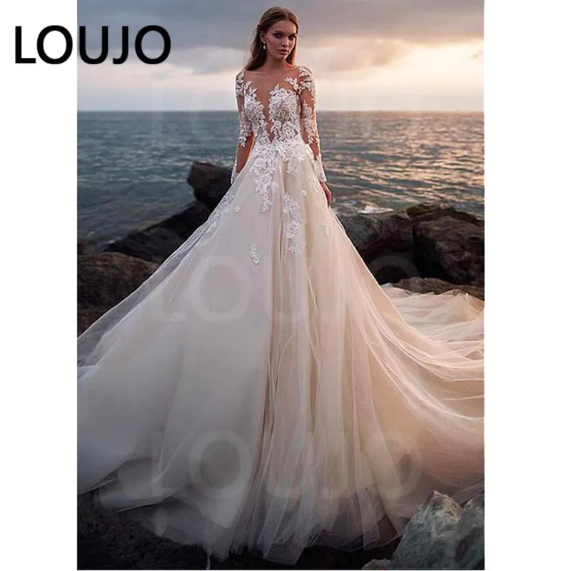 Illusion Long Sleeves A-line Lace Appliqued Ball Gown Wedding Gowns Boho Bridal Beach Wedding Dress