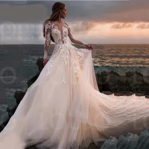 Illusion Long Sleeves A-line Lace Appliqued Ball Gown Wedding Gowns Boho Bridal Beach Wedding Dress