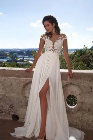 Illusion Neck Cap Sleeve Chiffon Wedding Dress Top Lace Bridal Dress