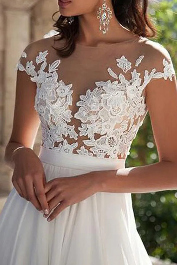 Illusion Neck Cap Sleeve Chiffon Wedding Dress Top Lace Bridal Dress