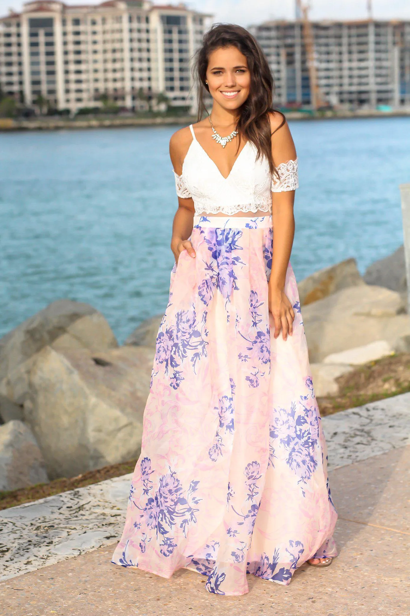 Ivory and Blue Floral Maxi Dress