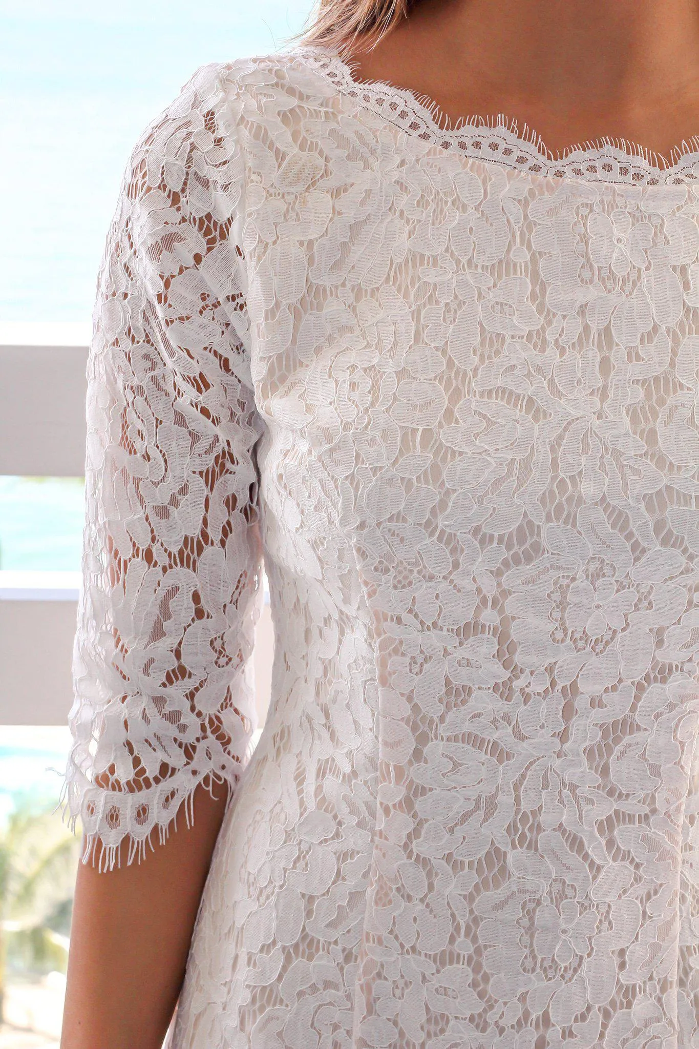 Ivory Lace Short Dress with 3/4 Sleeves