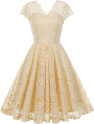 IWEMEK Women Cap Sleeve Floral Lace Elegant Cocktail Dress V Neck Knee Length A Line Wedding Guest Bridesmaid Dresses
