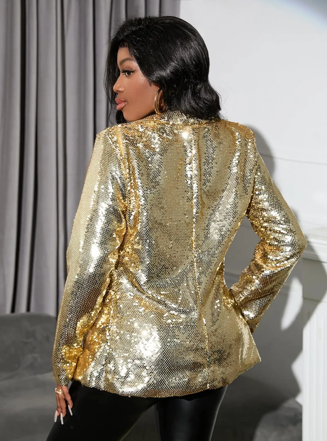 IWFEV Women's Sequins Blazer Long Sleeve Sparkle Open Front Jacket Shawl Collar Cardigan