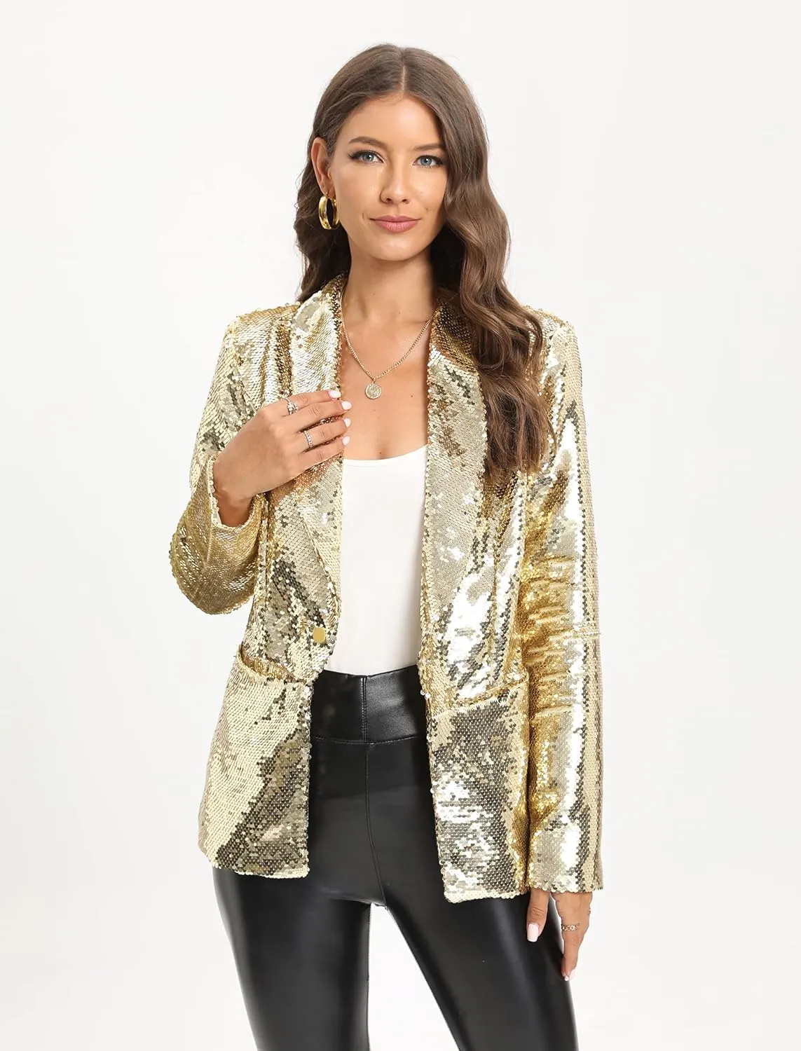 IWFEV Women's Sequins Blazer Long Sleeve Sparkle Open Front Jacket Shawl Collar Cardigan