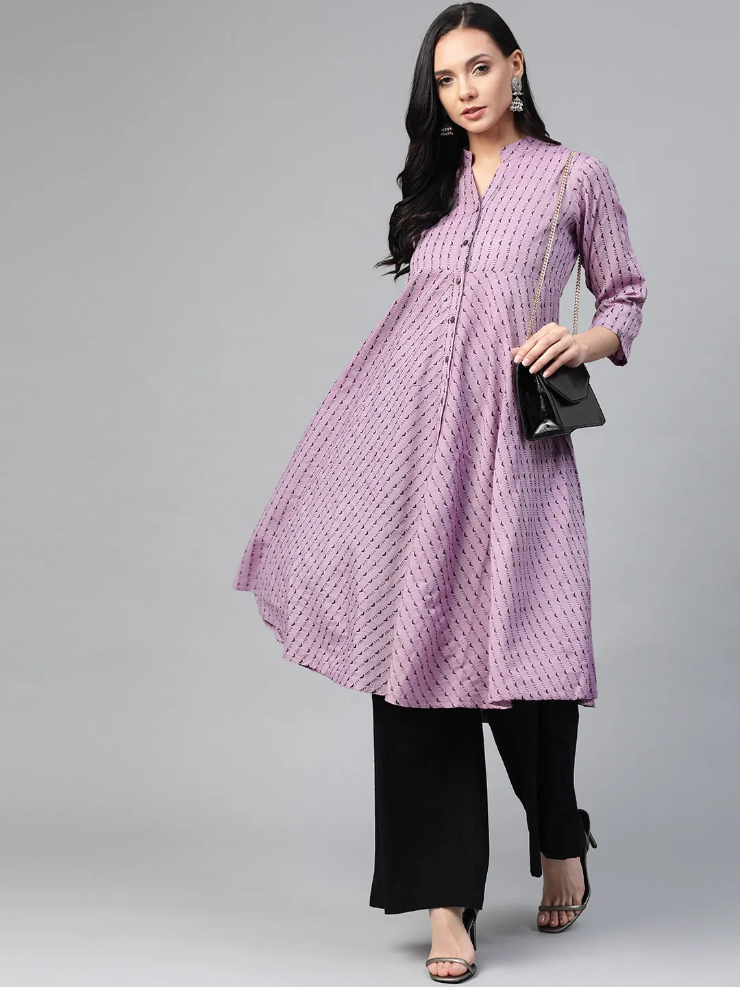 Jashvi Women Purple & Black Woven Design Jacquard A-Line Kurta