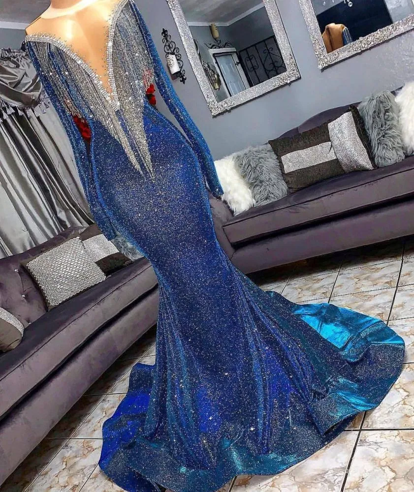 kamahe Luxurious Sequins Long Sleevess Mermaid Sheer Neckline Prom Dresses