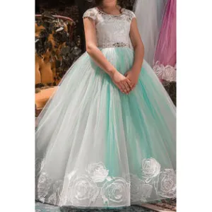 Ketty More Kids Girls Lovely Solid Colored Easy Round Neck Sleeveless Lace Ball Gown Beautiful Wedding Dress-KGDC1564