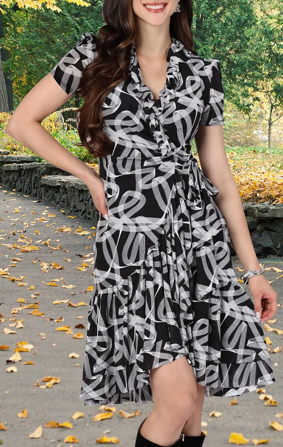 KOH KOH Womens 2025 Short Sleeve Wrap Ruffled Wedding Guest Print Mini Dress