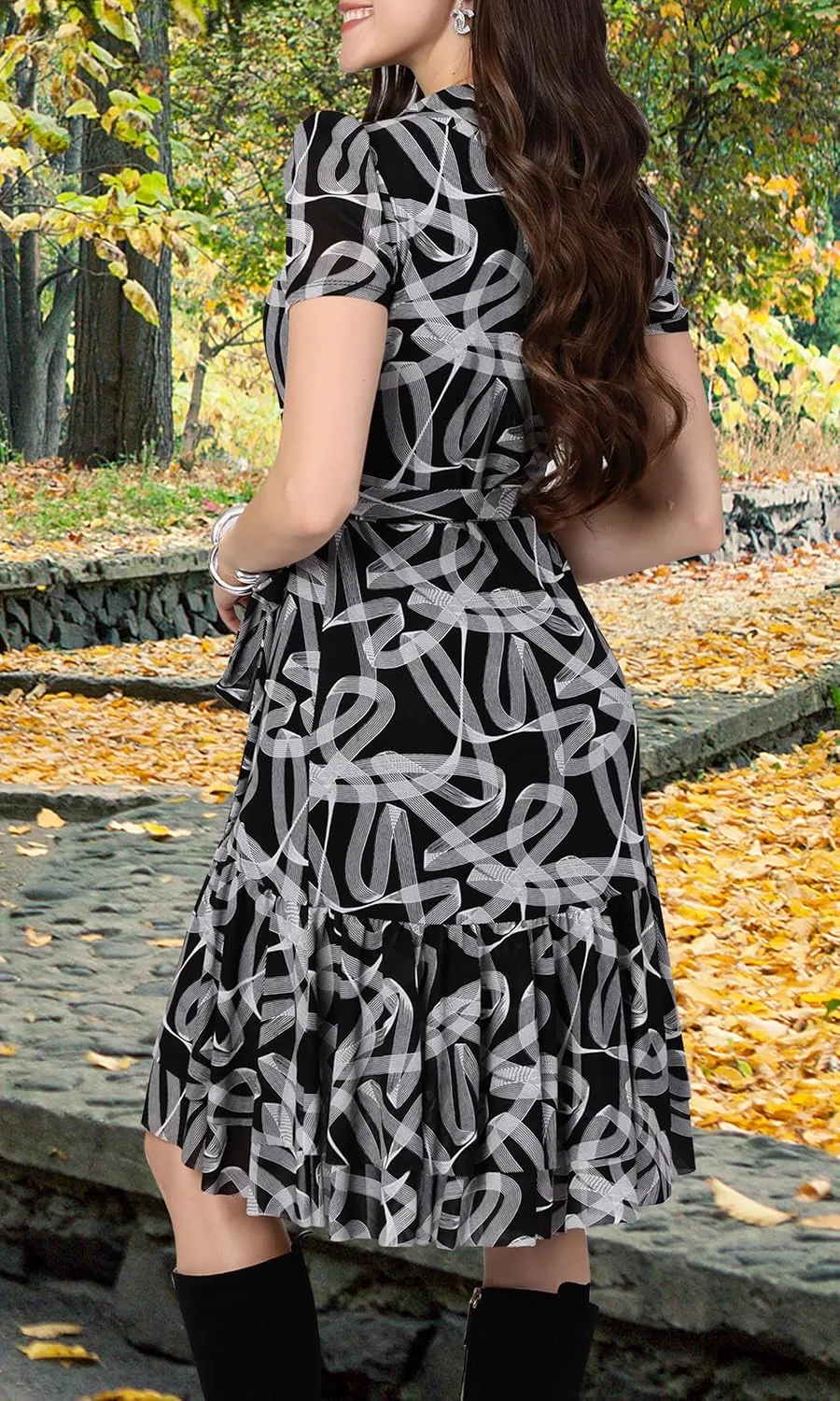 KOH KOH Womens 2025 Short Sleeve Wrap Ruffled Wedding Guest Print Mini Dress
