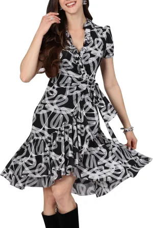 KOH KOH Womens 2025 Short Sleeve Wrap Ruffled Wedding Guest Print Mini Dress
