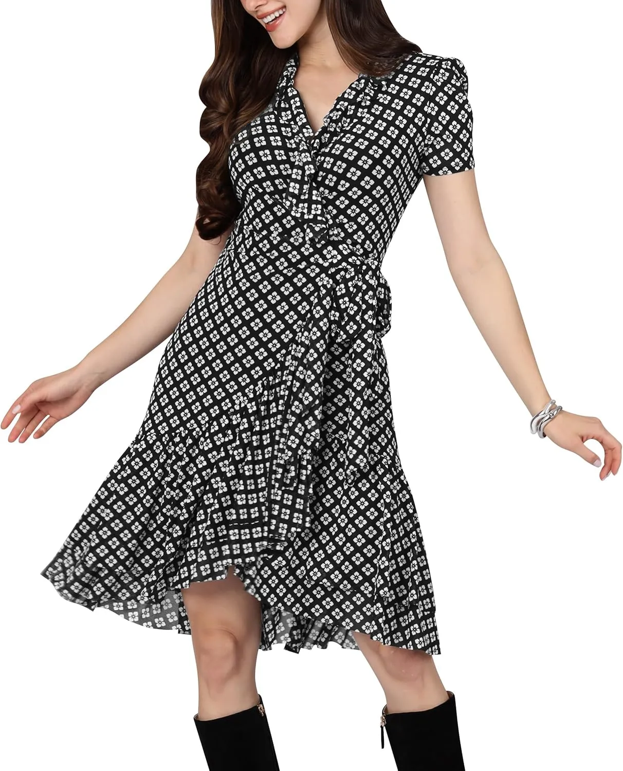 KOH KOH Womens 2025 Short Sleeve Wrap Ruffled Wedding Guest Print Mini Dress