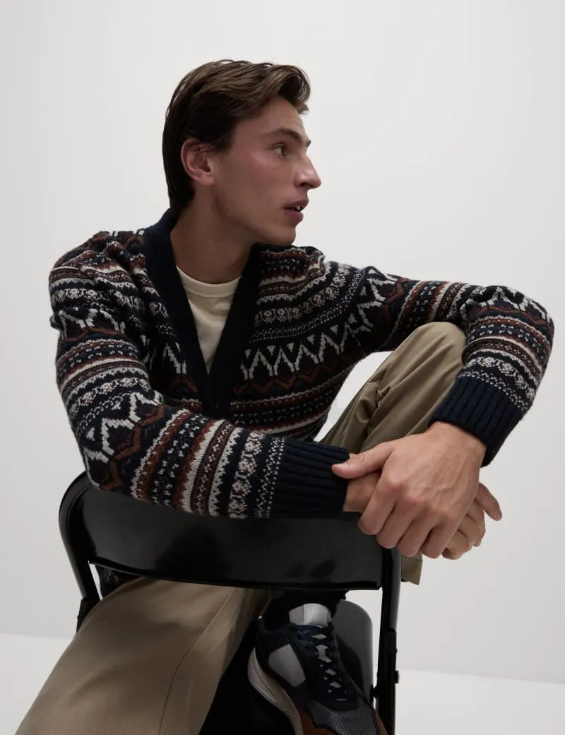 Lambswool Blend Fair Isle V-Neck Cardigan