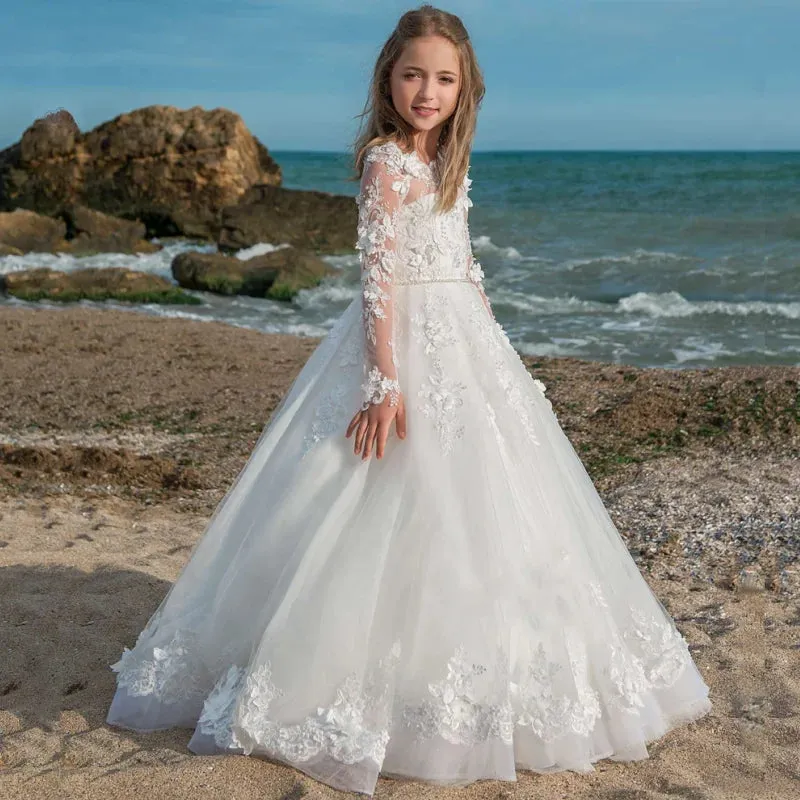 Long Sleeves Ball Gowns With Pearls Sash Princess Dress