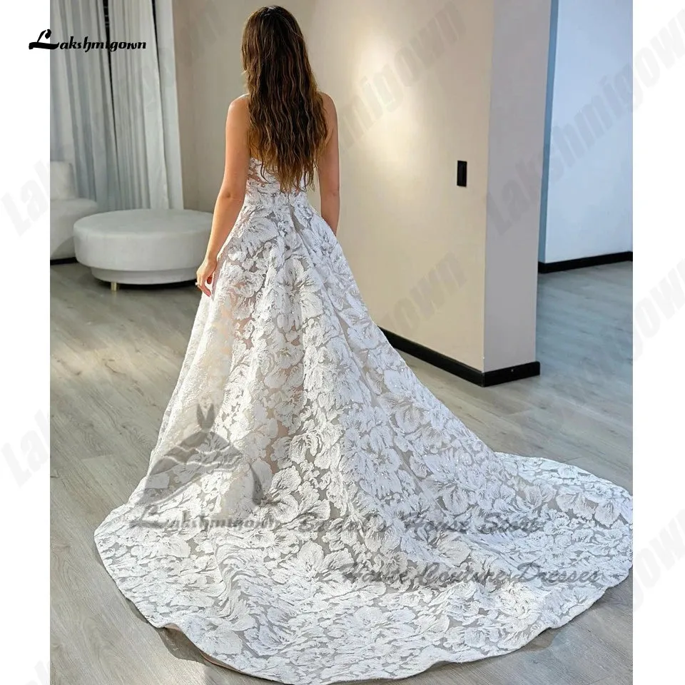 Luxury Lace Boho Wedding Gowns Off The Shoulder Robe Mariee Sparkly Champagne Bridal Dresses